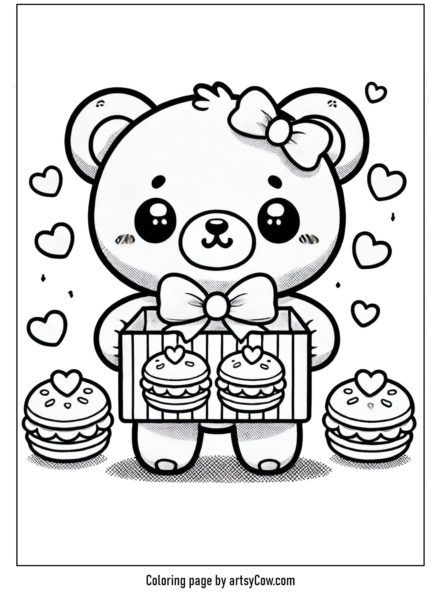 kawaii teddy bear coloring pages featuring a cute bear with a bow, holding a box of macarons surrounded by hearts.